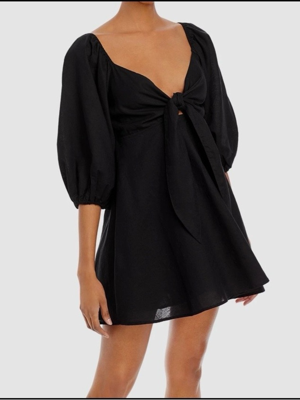 Charlie Holiday Black Sonny Tie Front Balloon Sleeve Linen Mini Dress US Size 4